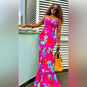 Loragal; sleeveless backless large scale floral print, fishtail maxi dress